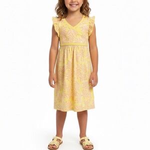 NEW TEA COLLECTION Flutter Sleeve Faux Wrap Midi Dress Girls Size 7 Yellow Pink